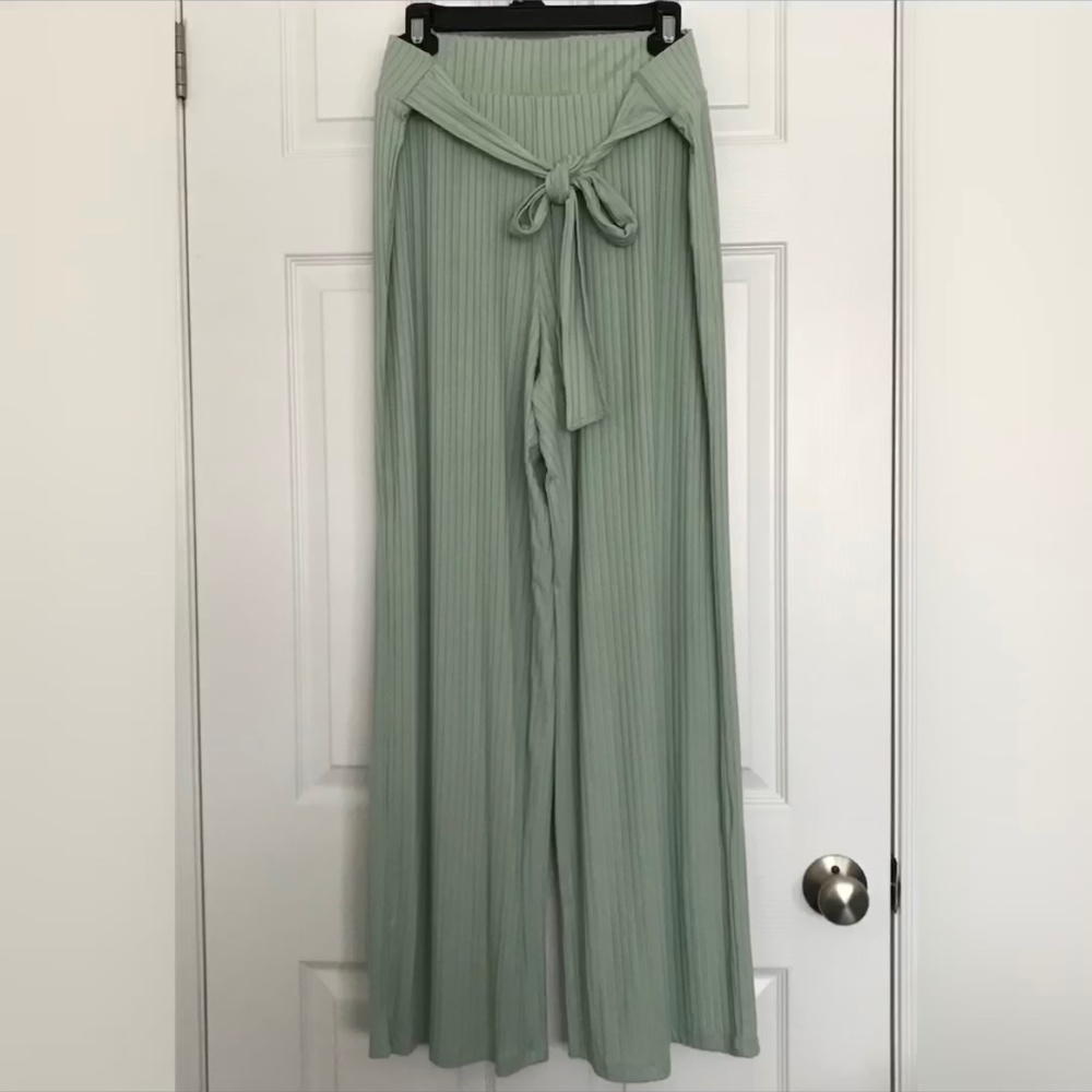 NWOT Claudel Lingerie Tie Belt Wide Leg Pants XL Muted Green Ribbed